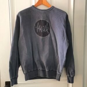 Men's Vintage Non-fiction Milk novelty sweater. Slate blue. 80s. Size small. EUC